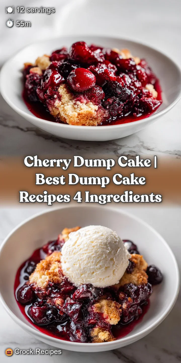 Close-up of a fork piercing the warm, golden-brown crust of a cherry dump cake, revealing red fruit.