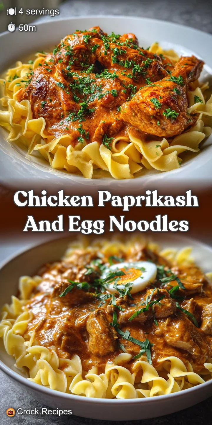 Close-up of glistening chicken paprikash, highlighting the rich, creamy sauce and soft, comforting texture of the noodles.