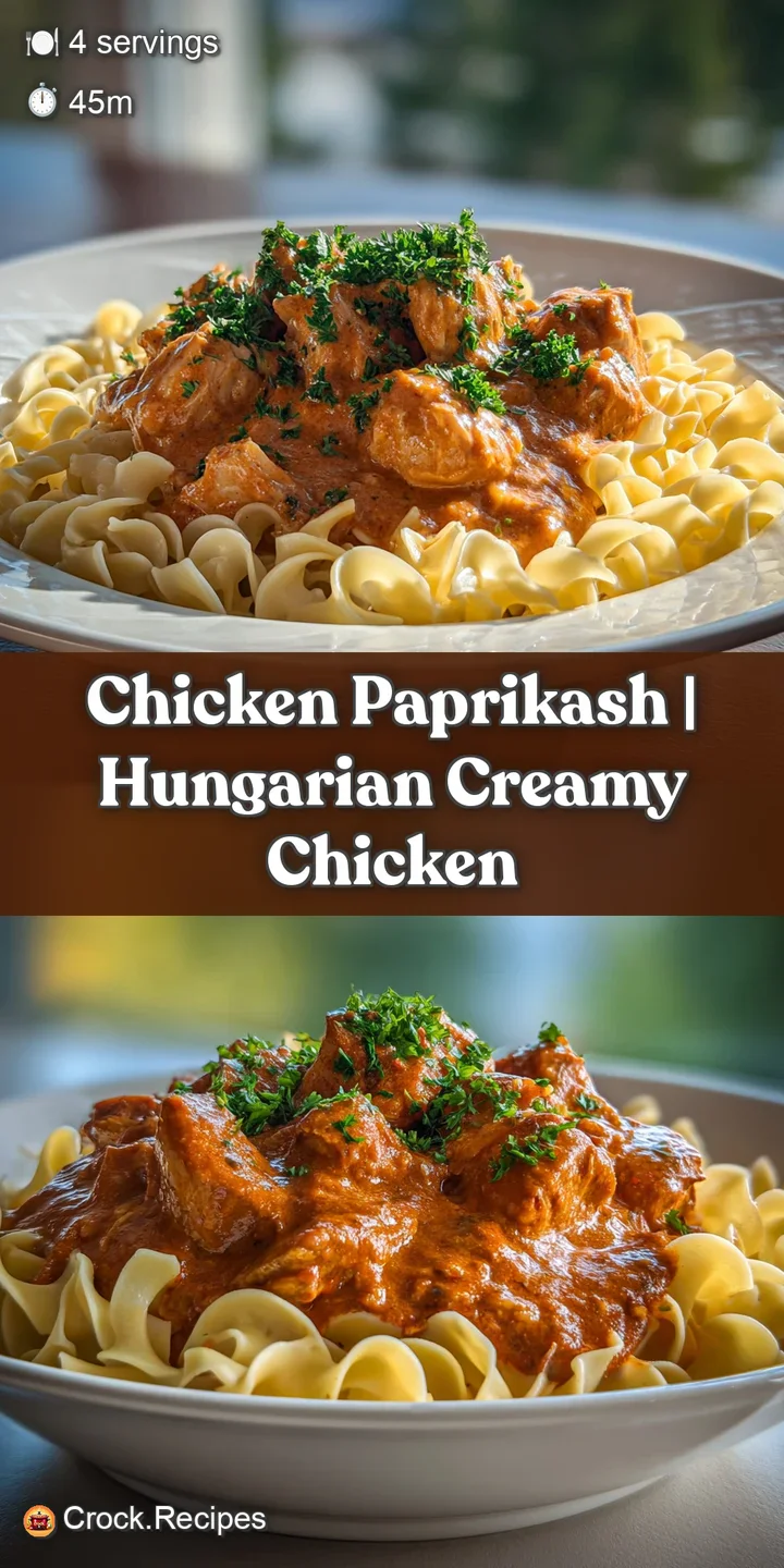 Close-up of creamy, orange-red chicken paprikash. The stew glistens with paprika-infused oil, dotted with tender chicken p...