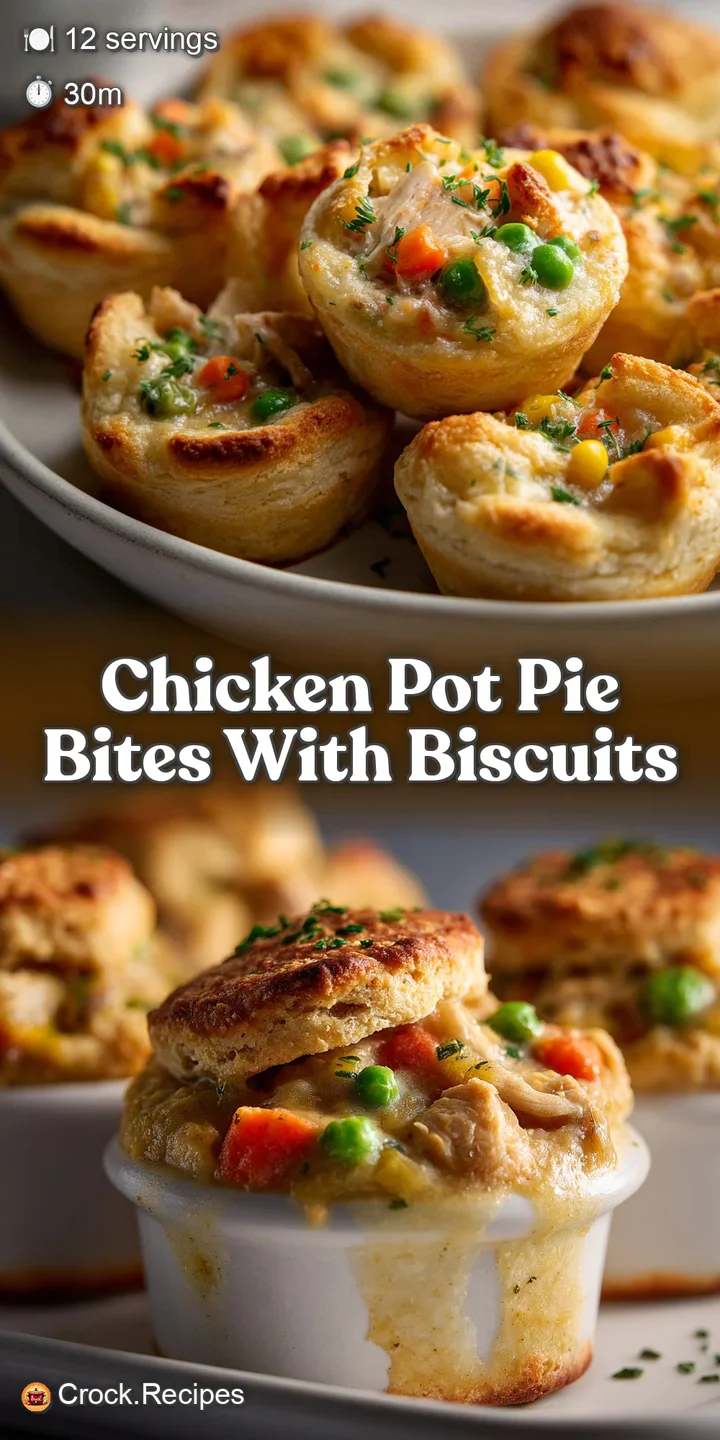 Close-up of a single chicken pot pie bite with a flaky, golden crust. Steam escapes, revealing a rich, creamy filling with...