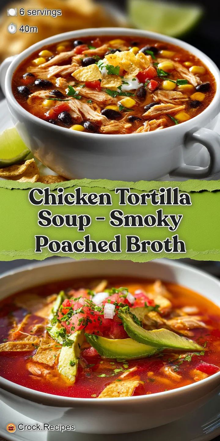 Close-up of chicken tortilla soup, showcasing tender chicken, colorful vegetables, and golden, bubbly baked tortilla piece...