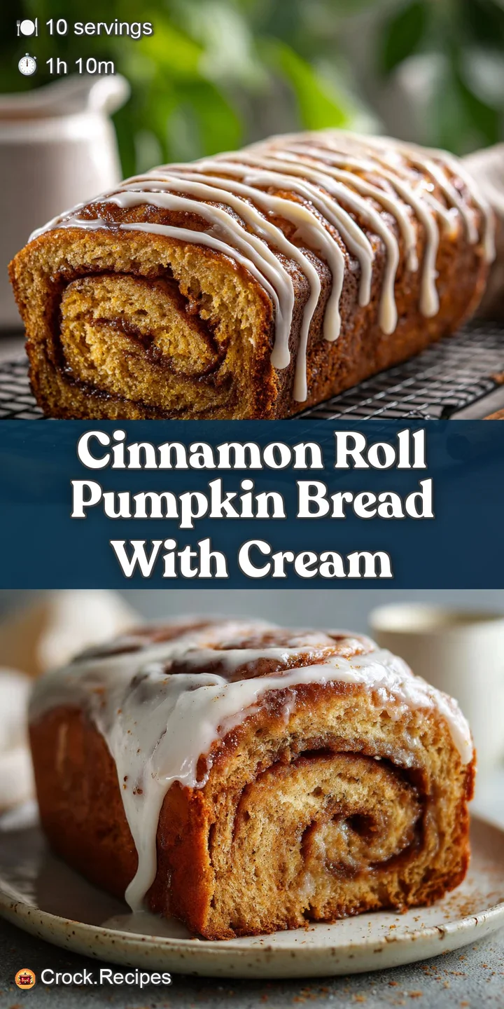 Close-up captures the soft texture & warm tones of the pumpkin bread, swirled with cinnamon. Creamy frosting drips down th...