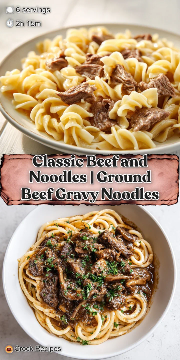 An inviting close-up shows tender beef chunks mingled with plump noodles bathed in a savory, creamy sauce with flecks of h...
