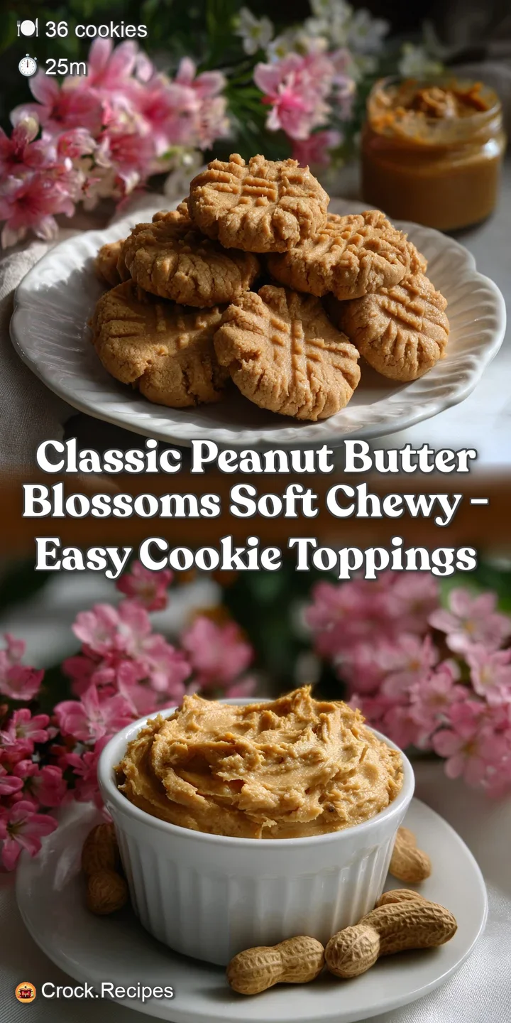 Close-up of a peanut butter blossom cookie. The golden-brown surface reveals a soft interior, crowned by a glistening choc...