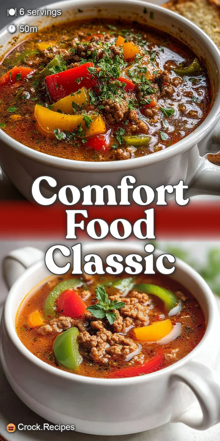 Close-up of a spoonful of stuffed pepper soup. You can see the textures and colors of the beef, rice, and peppers.