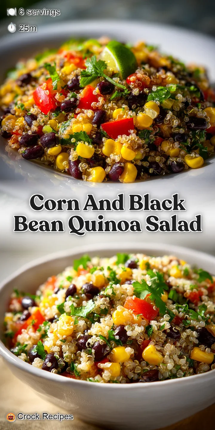 Close-up of a vibrant quinoa salad. Juicy corn and tender black beans are tossed with fresh herbs and zesty dressing.