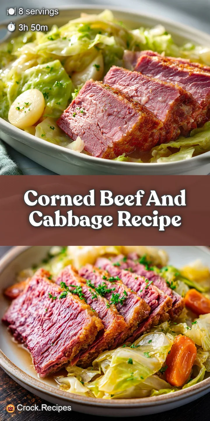 Close-up captures the juicy, marbled texture of sliced corned beef, alongside glistening, softened cabbage and cooked pota...