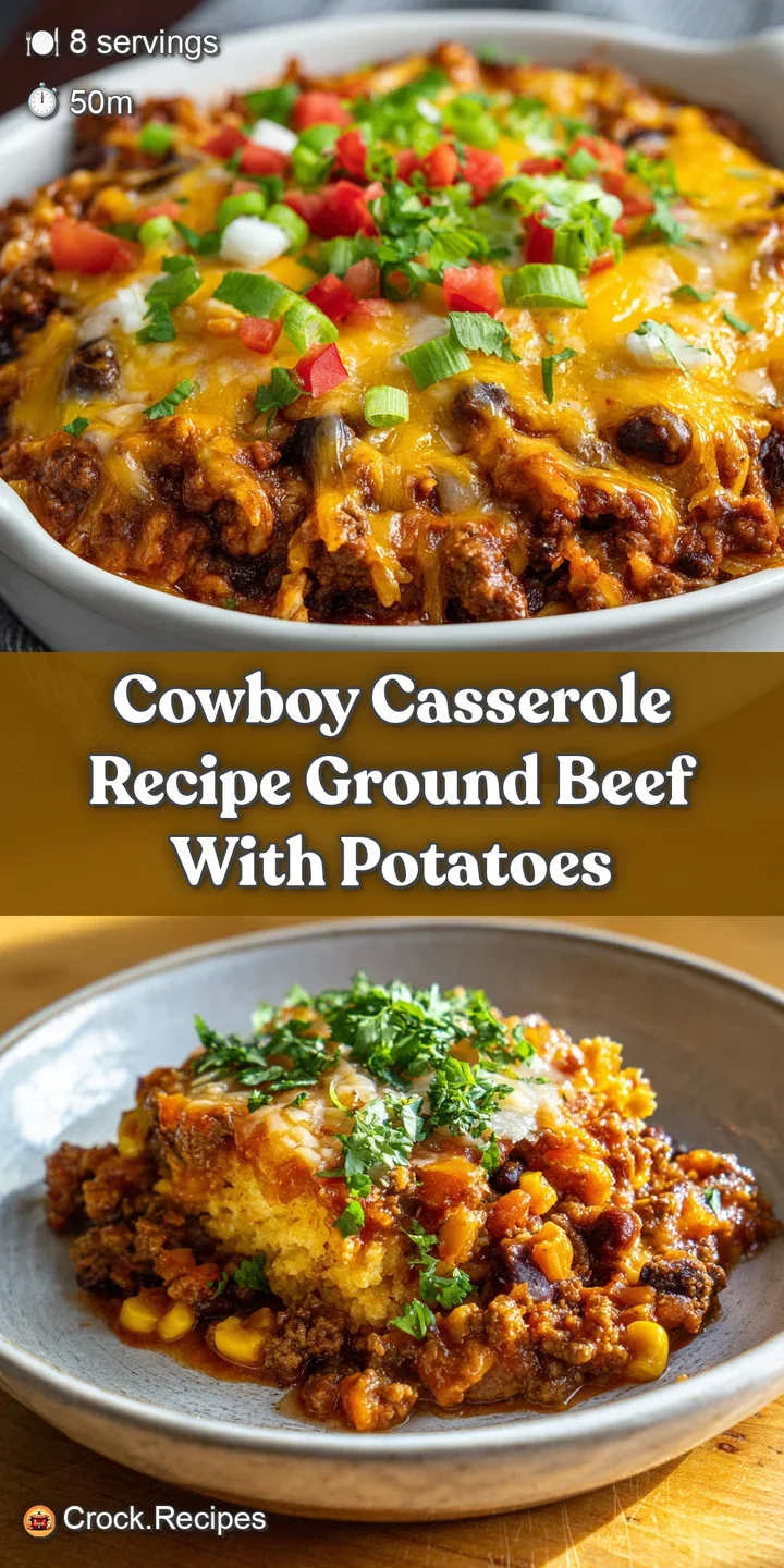 Close-up of a cheesy, savory cowboy casserole; ground beef and potato mixture is steaming, with melted cheese creating a g...