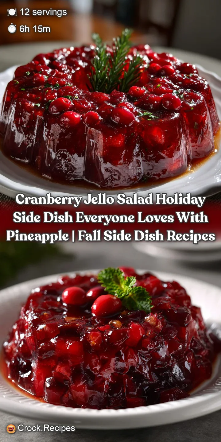 Close-up view of a shimmering, crimson-colored cranberry Jello salad with visible pineapple pieces, appearing cool and ref...