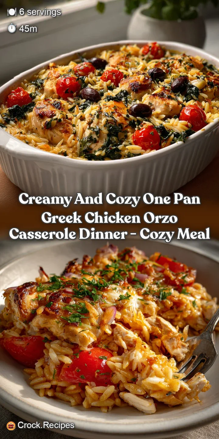 A close-up reveals the creamy sauce, tender chicken, and flavorful orzo. Hints of herbs and feta add a fresh contrast to t...