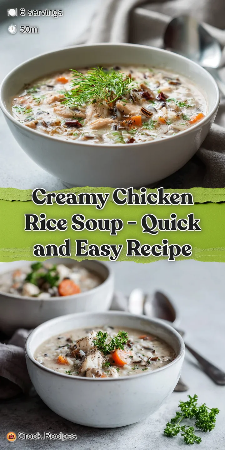 Close-up of creamy chicken rice soup: plump chicken pieces, tender rice, and vibrant veggies floating in a luscious broth.