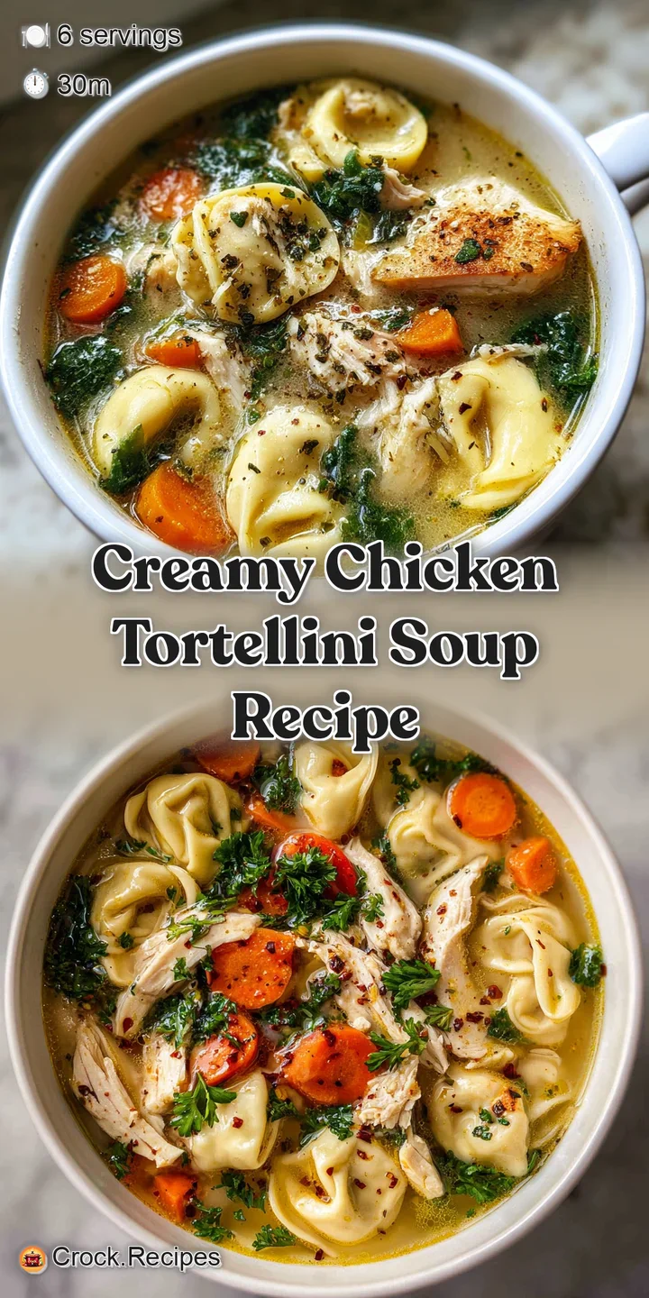 Close-up of creamy chicken tortellini soup; tender chicken, plump pasta, and bright spinach glisten in the warm broth.
