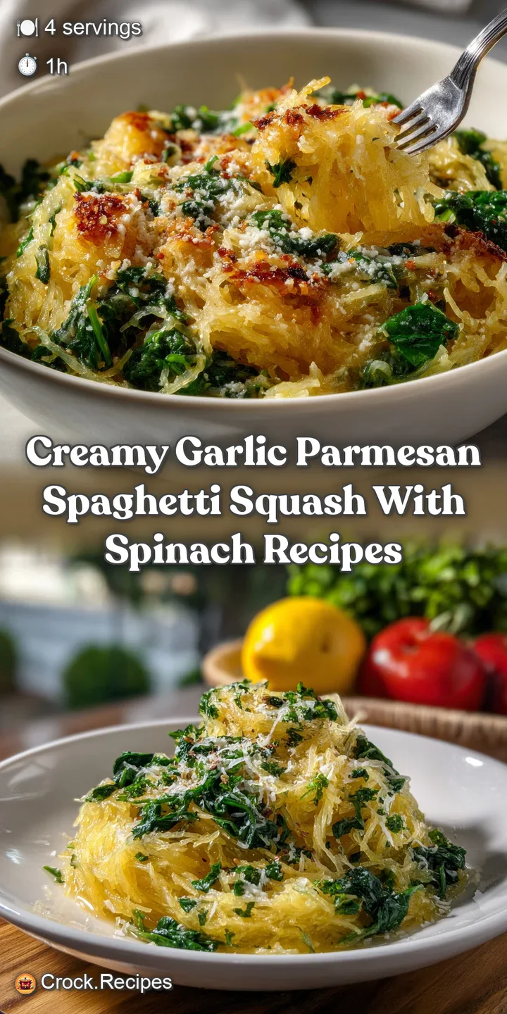 Close-up of creamy, glistening spaghetti squash strands, studded with fresh spinach and parmesan. Hints of garlic and herb...