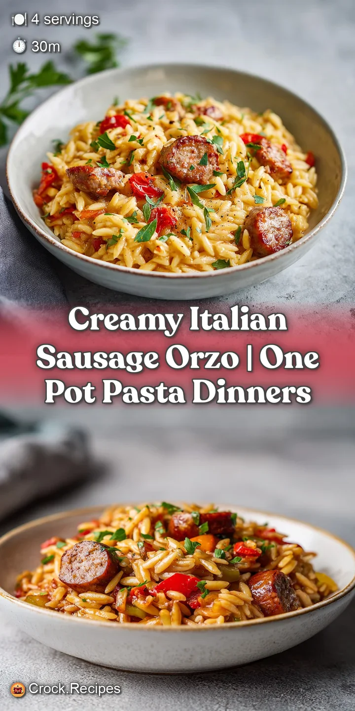 Close-up: Juicy Italian sausage pieces nestled in a bed of al dente orzo, coated in a flavorful sauce, reflecting the warm...