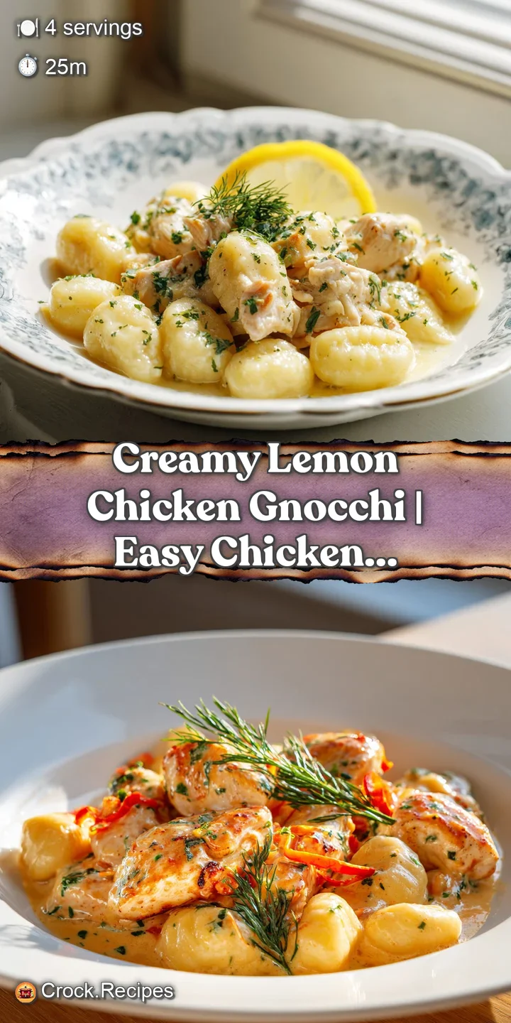 Close-up of lemon cream sauce clinging to soft gnocchi and shredded chicken. Bright parsley adds a pop of fresh green color.