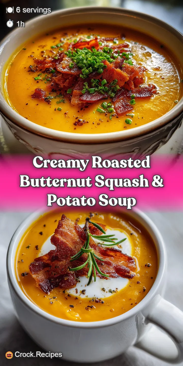 Close-up: Swirls of rich butternut squash soup, dotted with crispy bacon & toasted garlic. A silky, inviting texture visible.