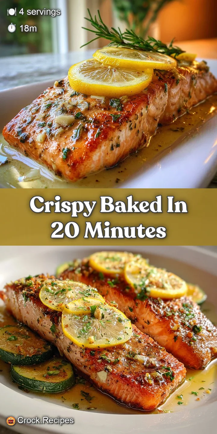 Close-up shows tender, moist salmon with a golden crust and pools of flavorful garlic-lemon sauce. Irresistibly appetizing...