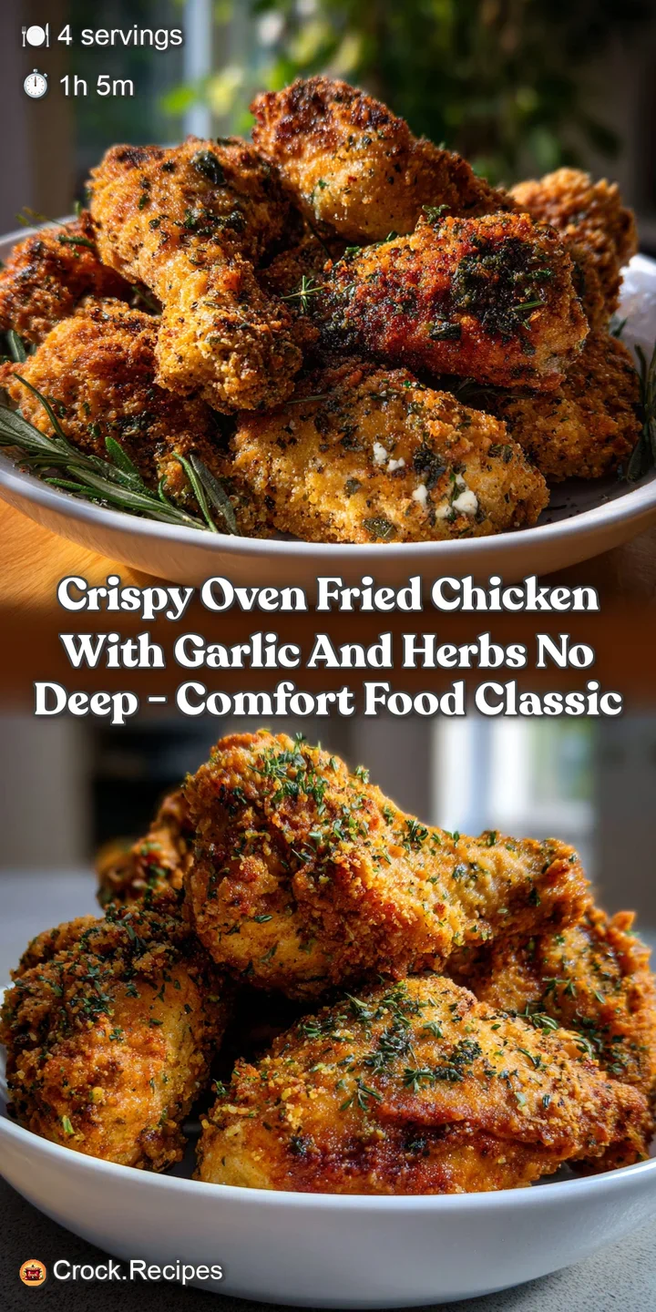 Close-up of a juicy, oven-fried chicken piece with a flaky, golden crust, revealing tender meat beneath, seasoned with vis...