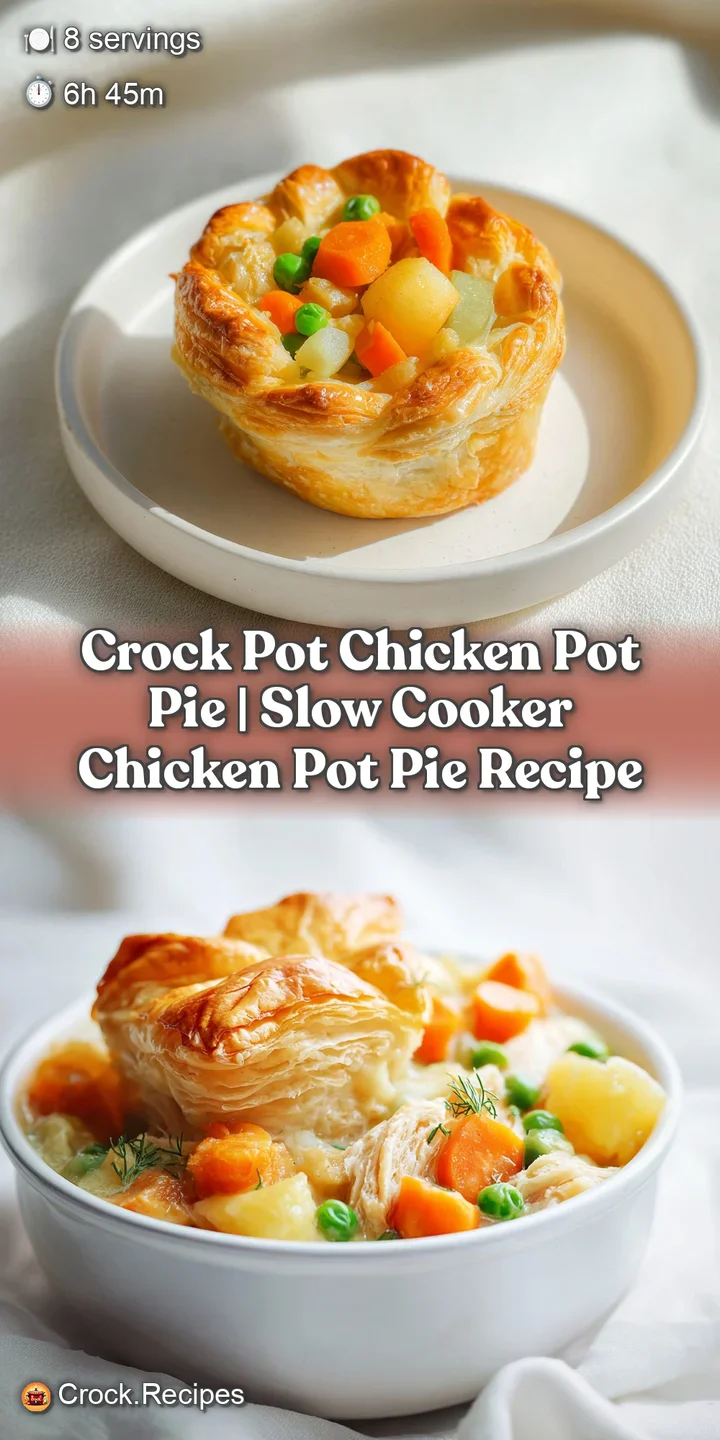 Close-up of tender chicken, bright orange carrots, and green peas in a thick, velvety cream sauce and crust.