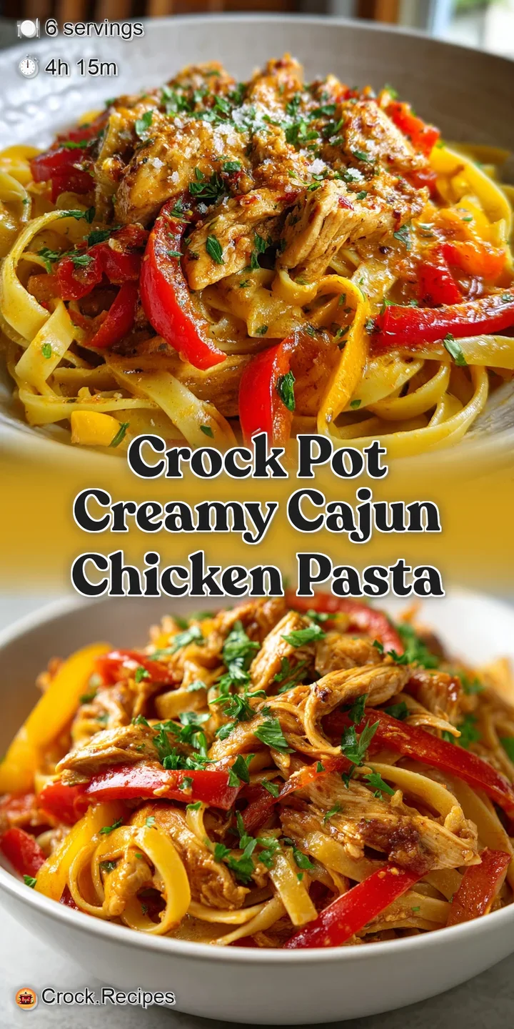 Close-up of Cajun chicken pasta: tender chicken, colorful peppers, and a rich, creamy sauce coating perfectly cooked noodl...