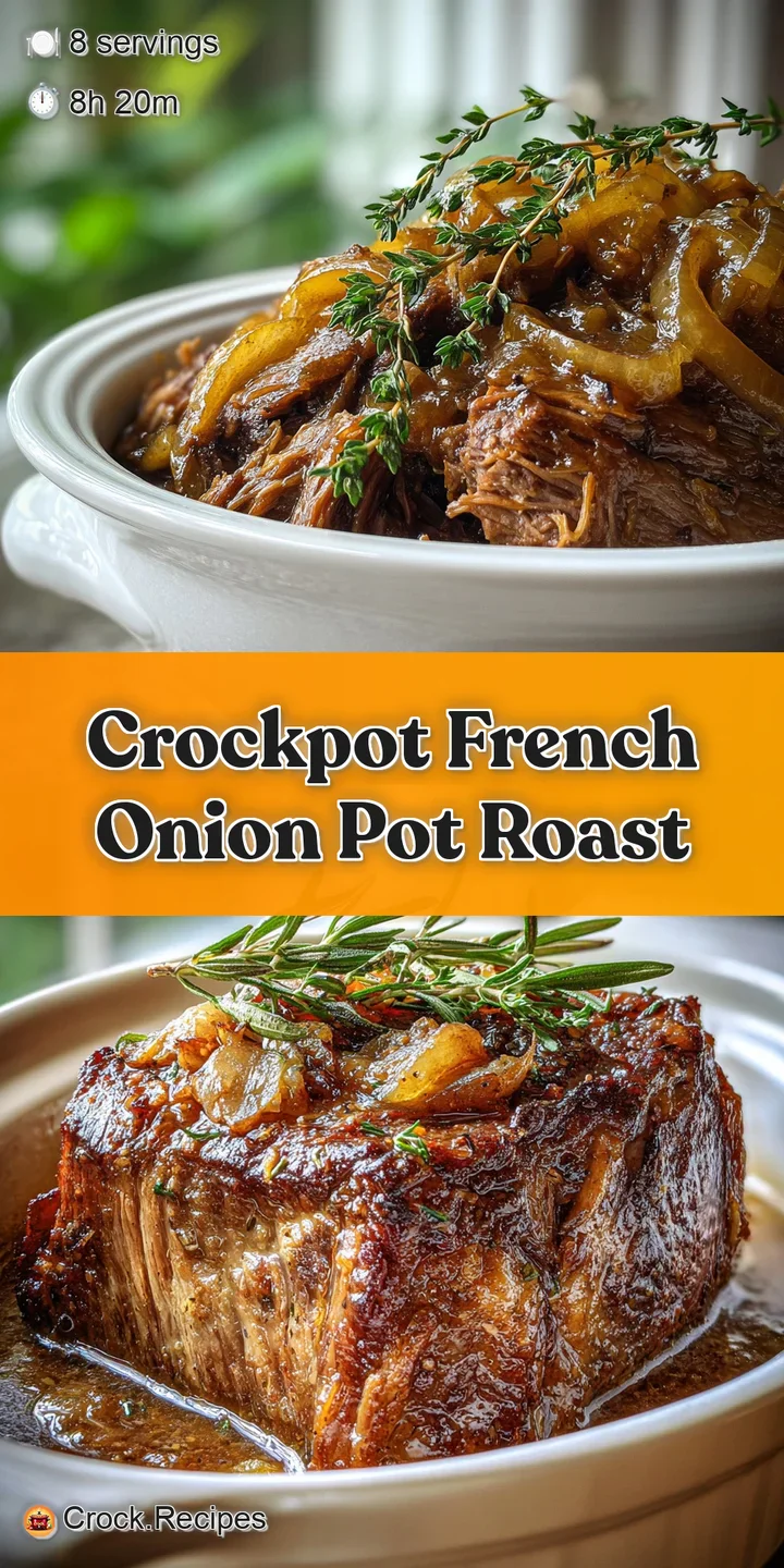 Close-up of glistening, fork-tender beef falling apart in a deeply colored, flavorful French onion gravy, studded with thyme.