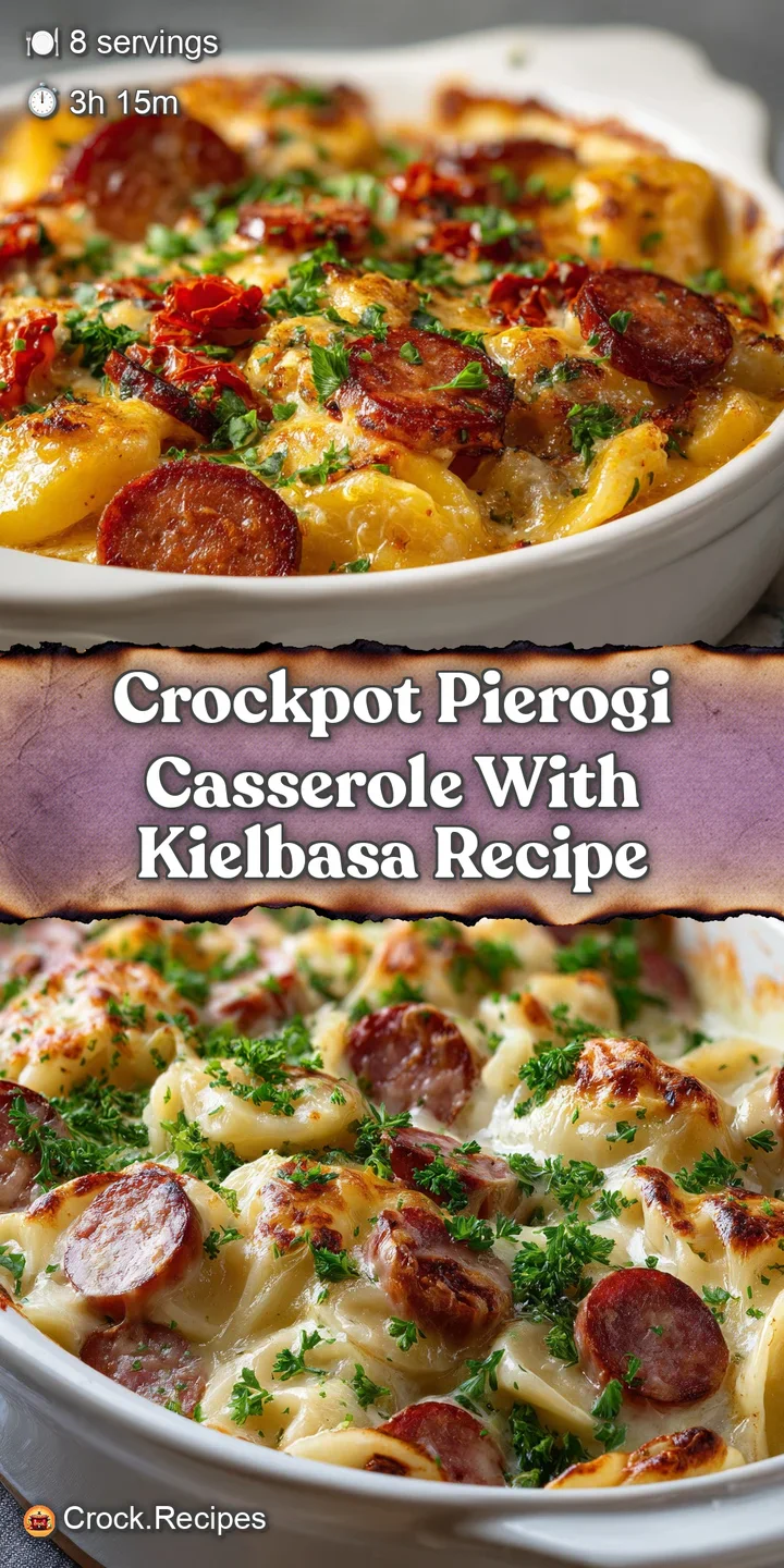 Close-up of a steaming hot pierogi casserole: Soft dumplings coated in melted cheese with savory sausage slices.