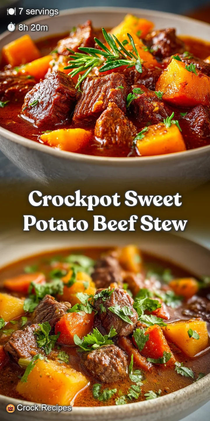 Close-up of tender beef and soft sweet potato chunks swimming in a savory broth, flecked with herbs in a slow-cooked stew.