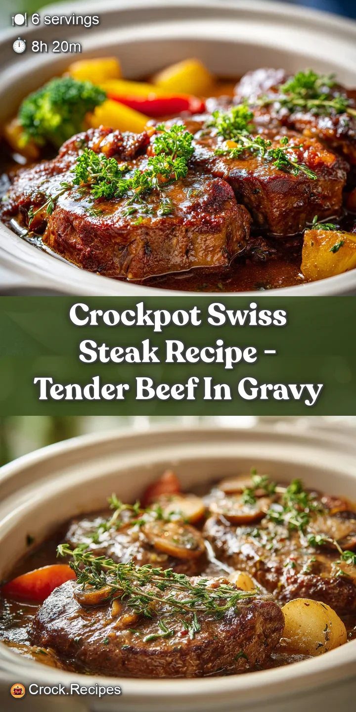 Close-up reveals fork-tender Swiss steak swimming in a deep brown gravy, studded with caramelized onions and colorful pepp...