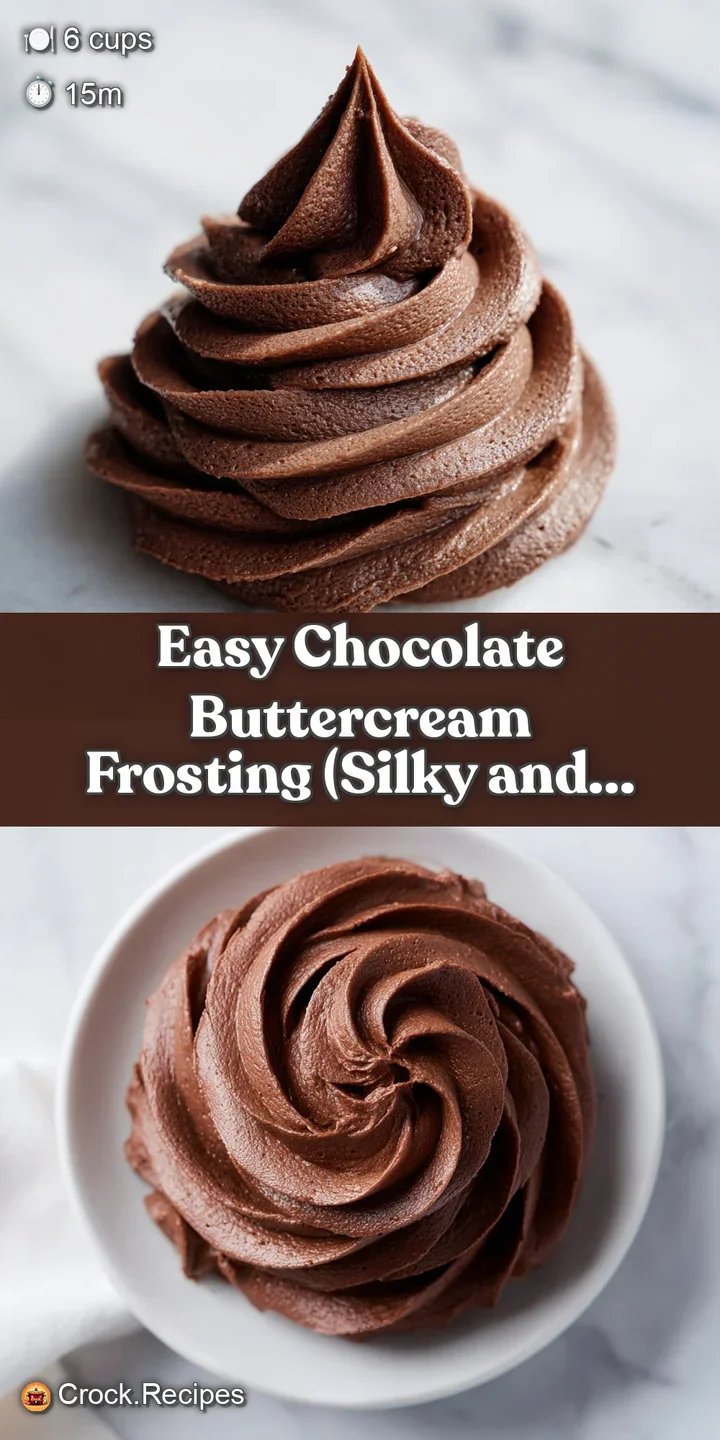 Close-up of rich, silky chocolate frosting with a glossy sheen and a soft, creamy peak created by a spatula.