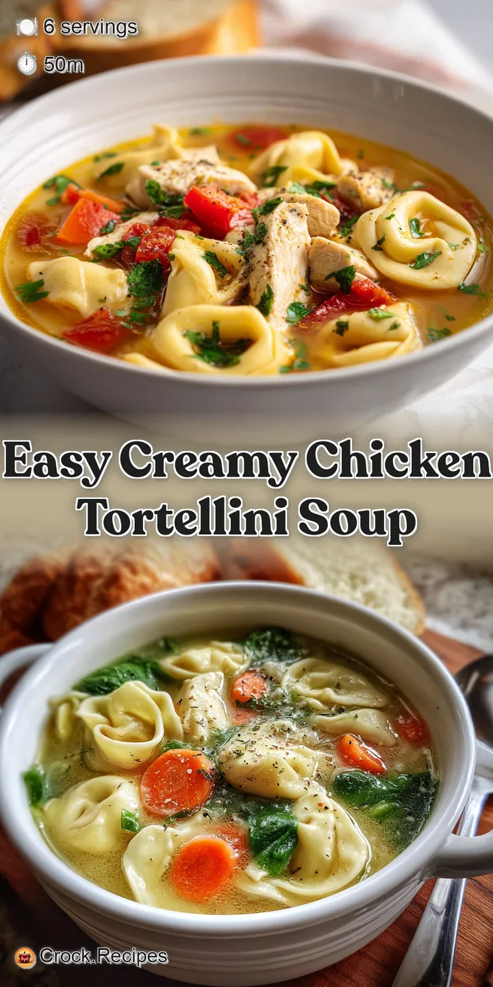 Close-up view of chicken tortellini soup highlighting tender chicken, soft cheese-filled pasta, and vibrant, fresh spinach.