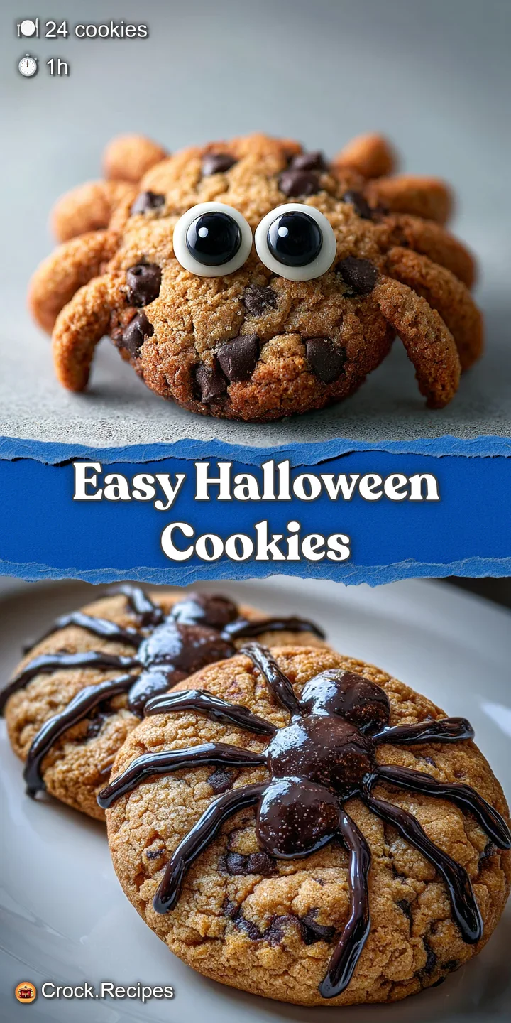 Close-up: a chocolate chip spider cookie with dark chocolate legs. The cookie's golden and the chocolate is still shiny an...