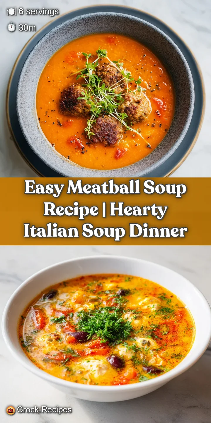 Close-up of tender meatballs and colorful vegetables swimming in a savory broth. Hints of herbs and steam create a comfort...