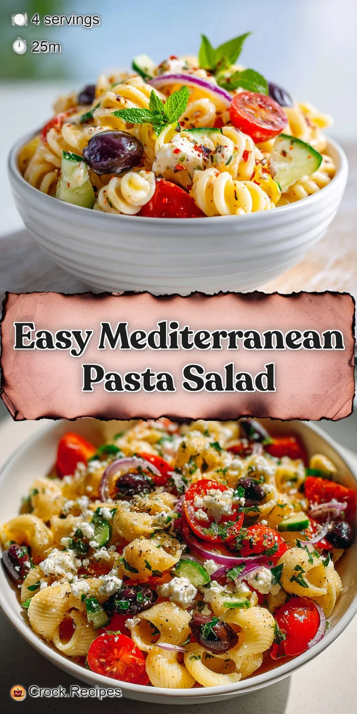 Close-up of Mediterranean pasta salad, showing glistening pasta, juicy tomatoes, and creamy feta. An appetizing and health...