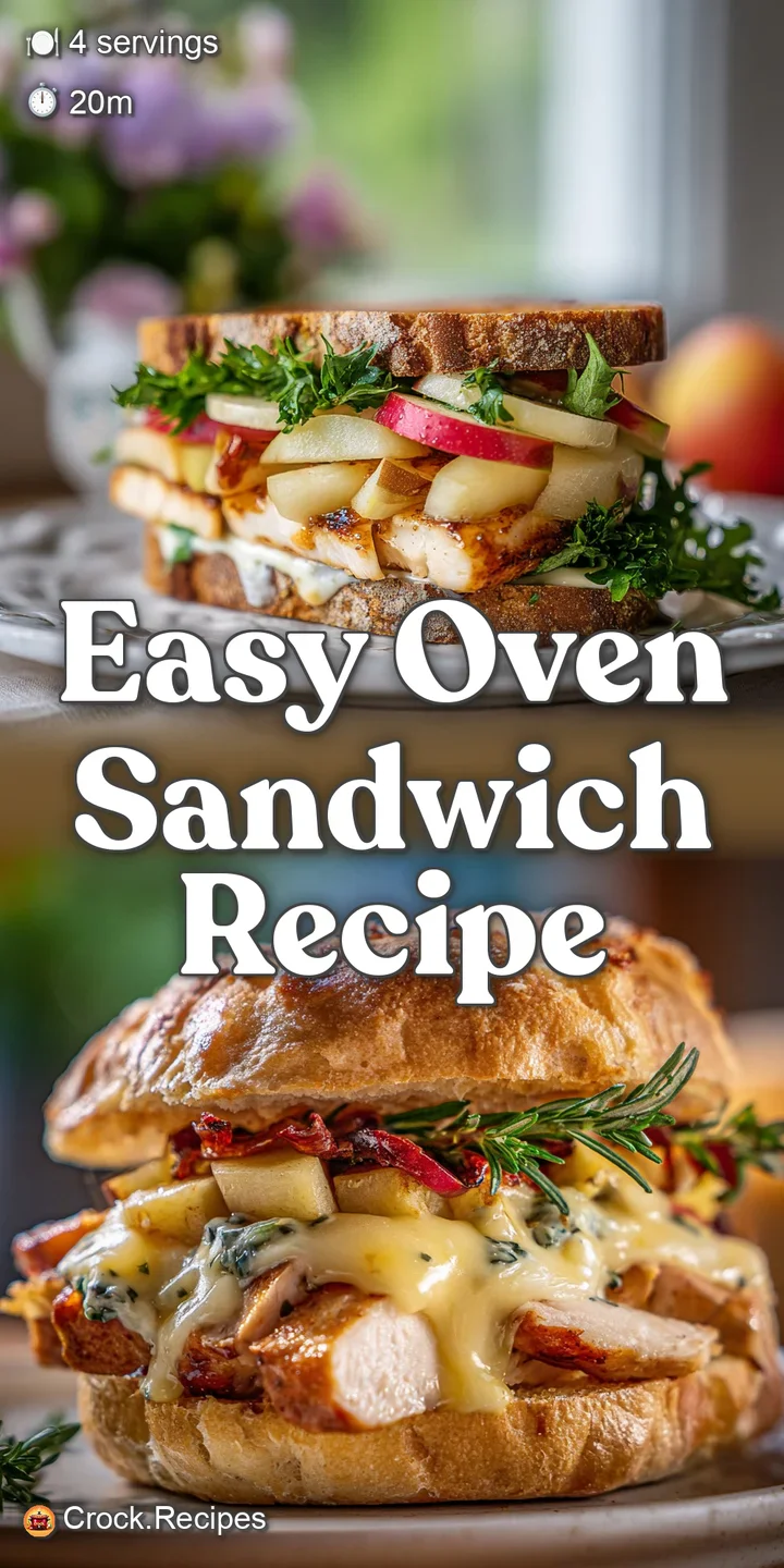 Close-up of a toasted sandwich, oozing melted cheese and tender chicken and apple filling. The warm colors signal a tasty,...