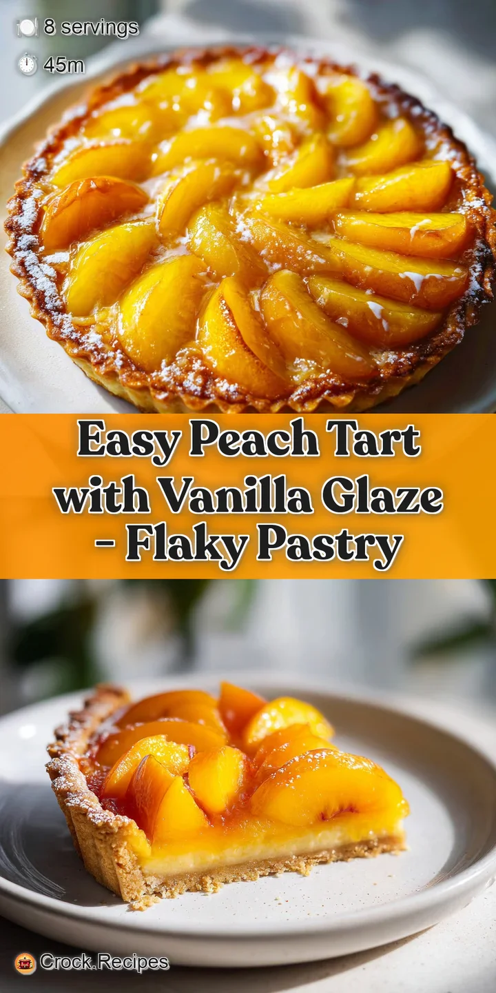 Close-up of a peach tart revealing juicy peaches nestled in a buttery, flaky crust. The vanilla glaze is thick and invitin...