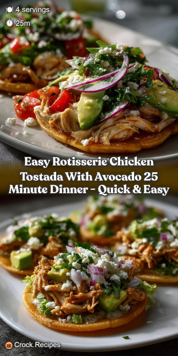 Close-up of a loaded tostada: tender chicken, mashed avocado, and colorful salsa create a delightful textural contrast. Ap...