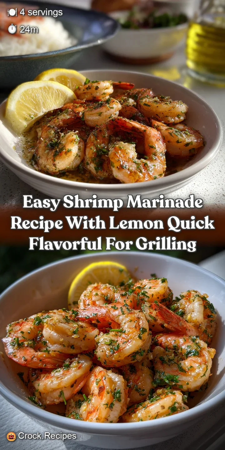 Close-up of succulent shrimp, glistening with a zesty marinade. The bright pink shrimp are contrasted by fresh herbs and l...