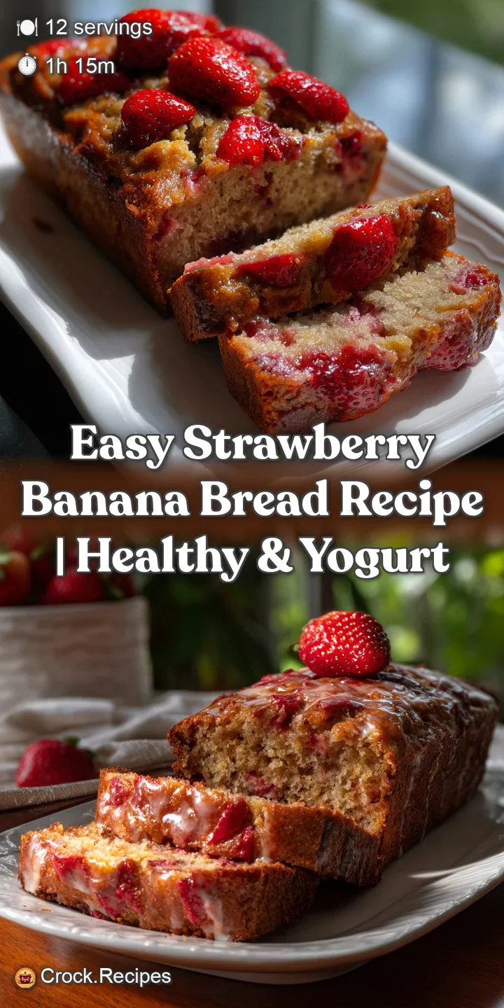 Close-up shot of a moist slice of banana bread. Ripe strawberries peek through the soft crumb, promising a burst of sweet,...