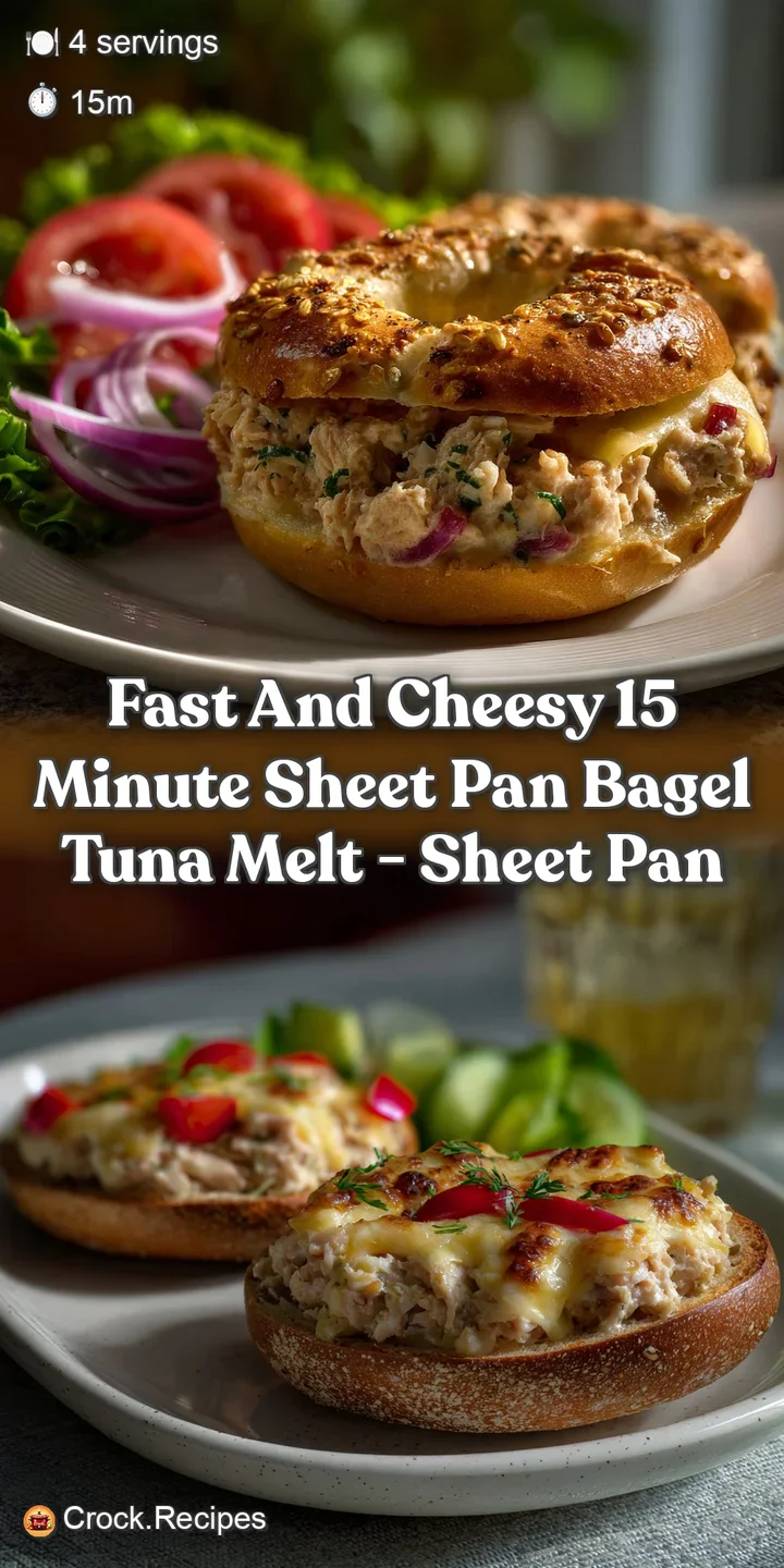 Close-up of melty, golden cheese pooling over a savory tuna filling within a toasted bagel, the warm, inviting textures be...