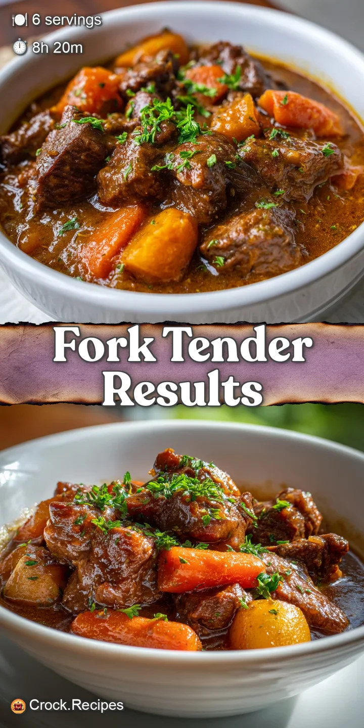 Close-up of glistening beef stew. Tender meat, soft carrots, and herbs create a savory, comforting warmth you can almost s...