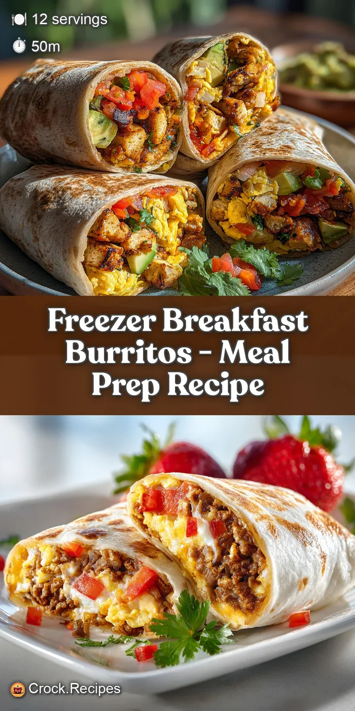 Close-up reveals a toasted flour tortilla with melted cheddar, fluffy eggs, and seasoned sausage, a quick freezer breakfas...