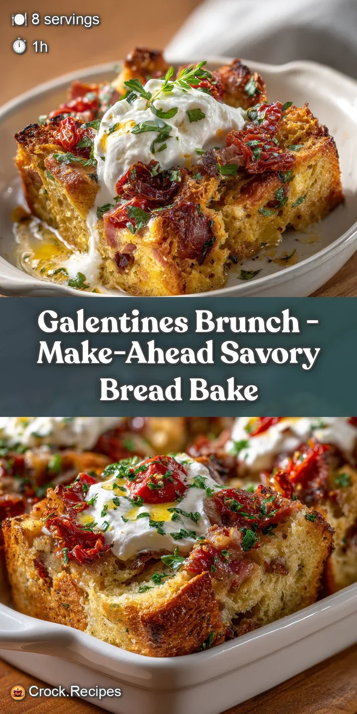 Up-close, a cheesy, crusty bread bake with visible herbs and colorful vegetable pieces tempts the appetite.