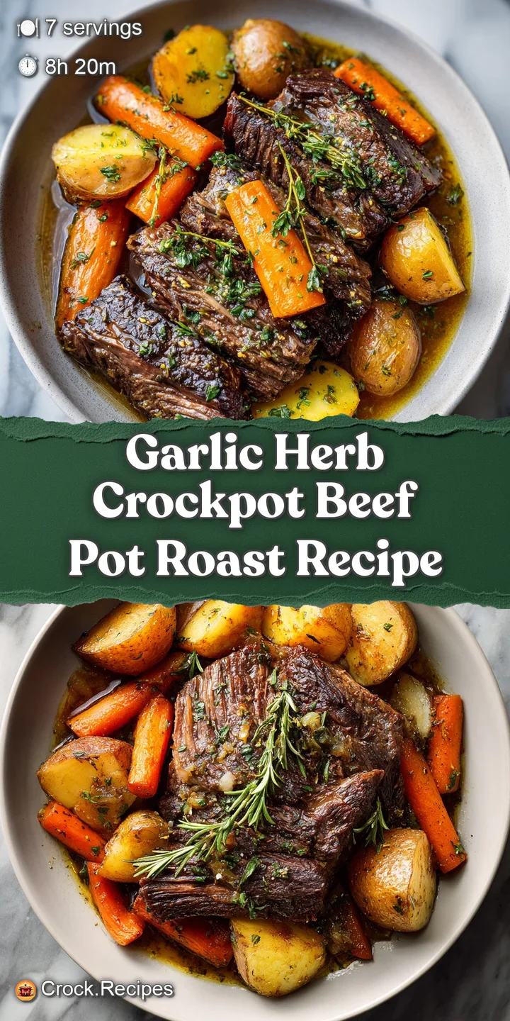 Close-up of moist, shredded beef roast bathed in luscious, deep brown gravy with visible garlic and herb specks.