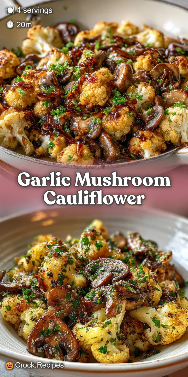Close-up showing tender, caramelized cauliflower florets and savory mushrooms. Drops of golden garlic oil add shine and ri...