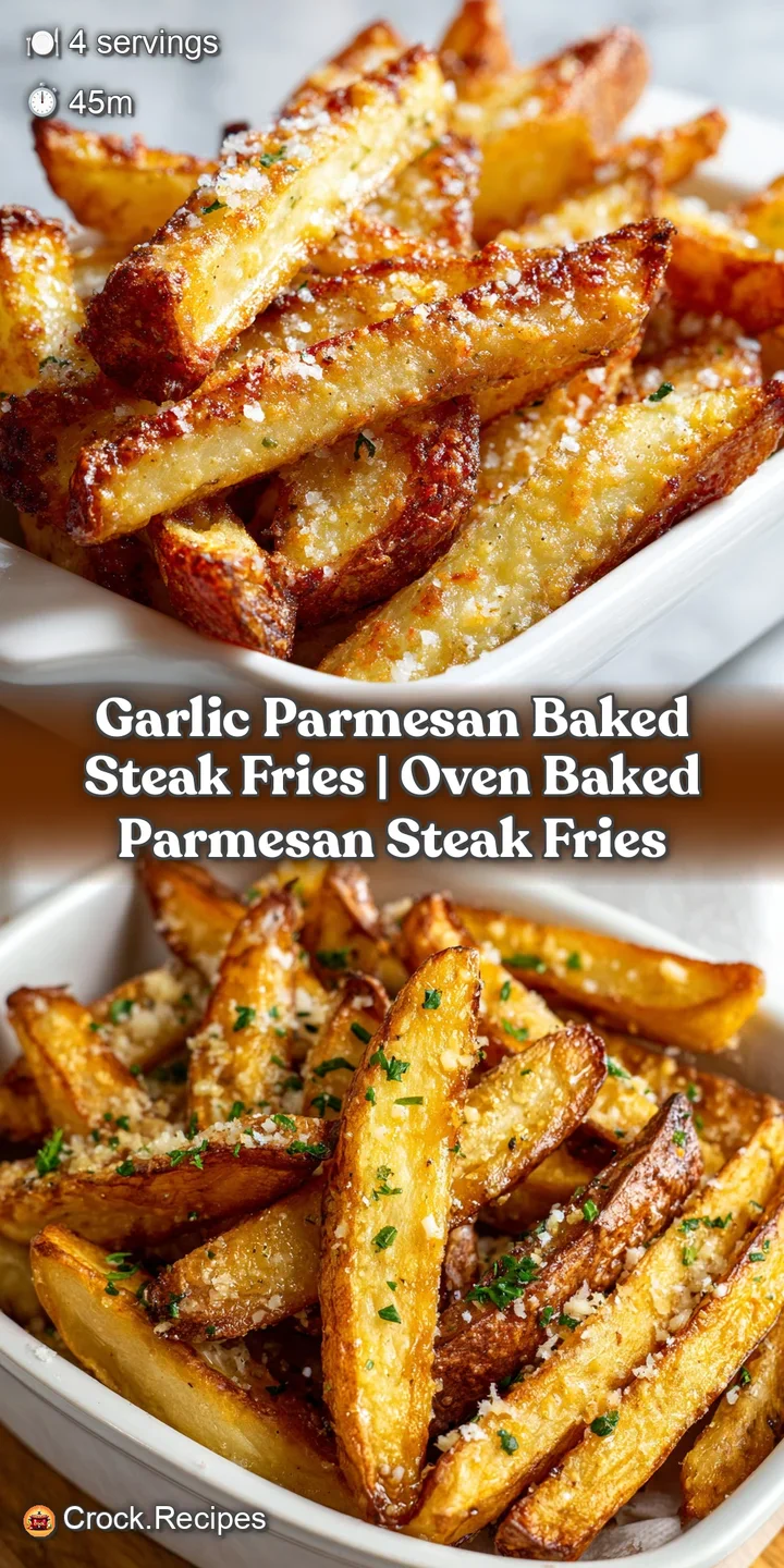 Close-up of a golden potato wedge showing crispy edges, toasted garlic bits, and melted parmesan cheese.