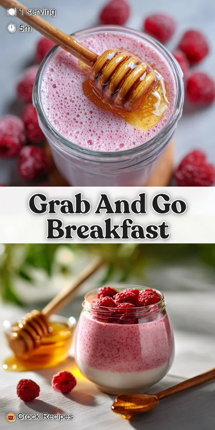 Close-up of a thick, creamy raspberry smoothie with visible fruit pulp and a glistening honey swirl. A tempting and health...