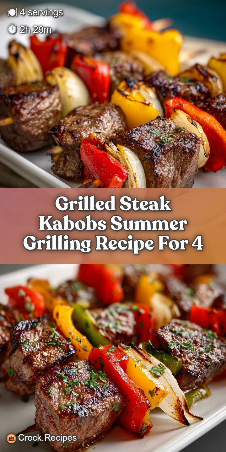 Close-up of perfectly grilled steak kabob, showcasing tender beef and crisp-tender vegetables with enticing char marks and...