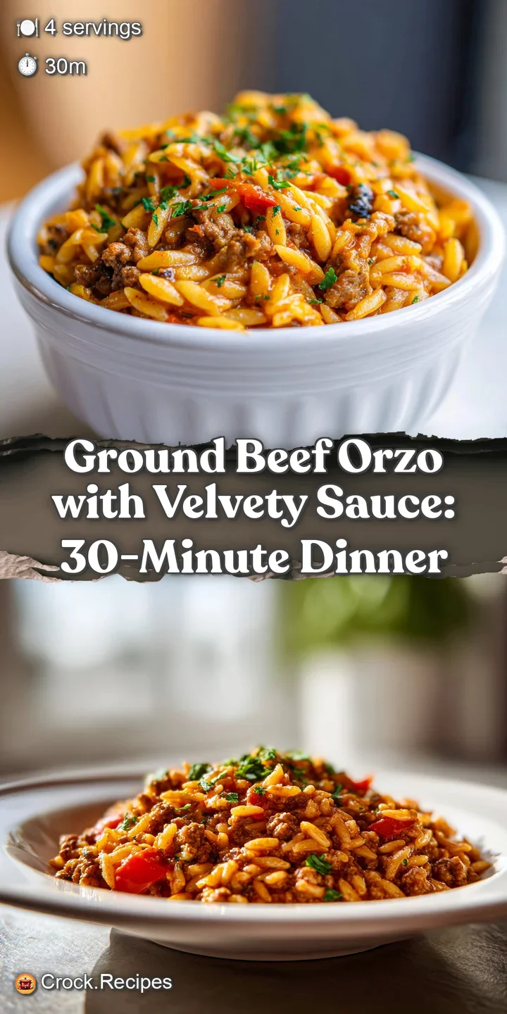 Close-up shows savory ground beef and plump orzo. Melty feta & herbs create a tempting texture.