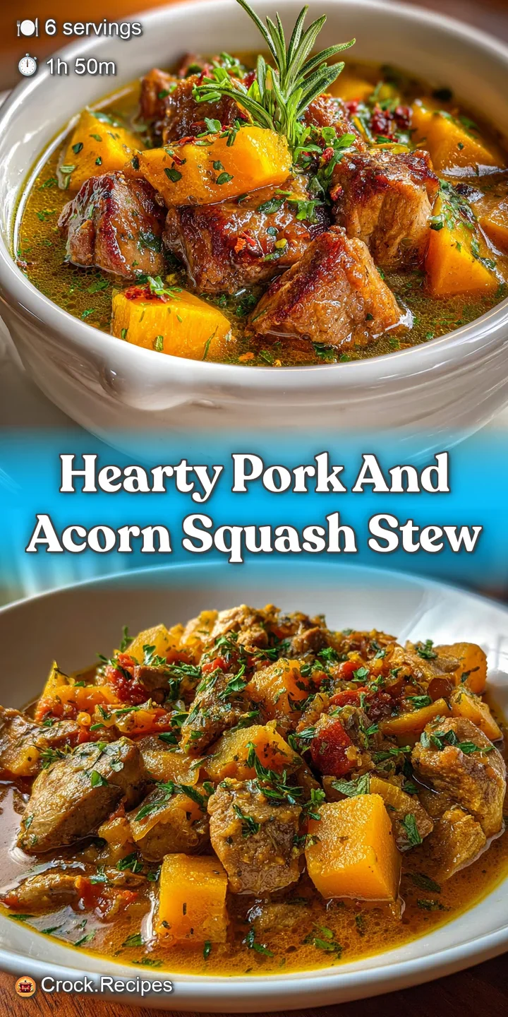 Close-up of a spoonful of savory pork stew. Highlights include juicy pork, soft squash, and glistening broth.