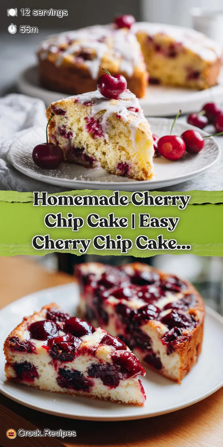 Close-up of moist pink cake crumb revealing bright red cherry bits and scattered chocolate chips.